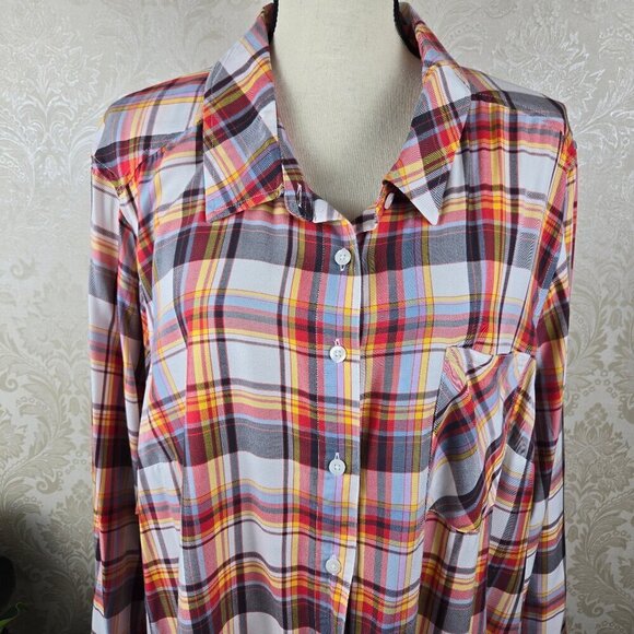 Torrid Size 4 (US 26) Multicolor Plaid Tunic Top Button Down Front Long Sleeves - Picture 2 of 13